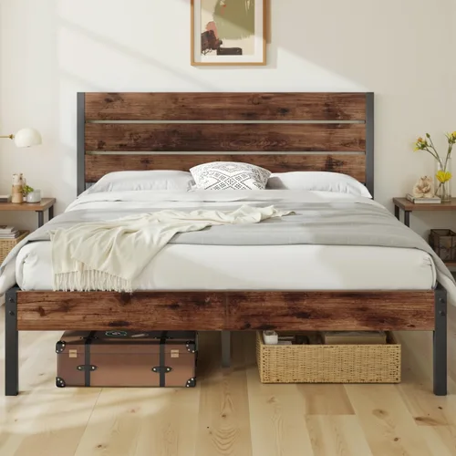 Miniatura 8 de Fluest Base de cama Queen con cabecero y estribo, con almacenamiento debajo de la cama, sistema de soporte totalmente metálico, no necesita somier