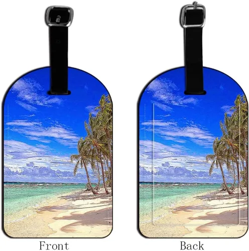 Miniatura 6 de Etiquetas de equipaje de vacaciones con nubes tropicales de playa, isla y cielo, tarjetas de equipaje de mano, de cuero, para maletas de viaje