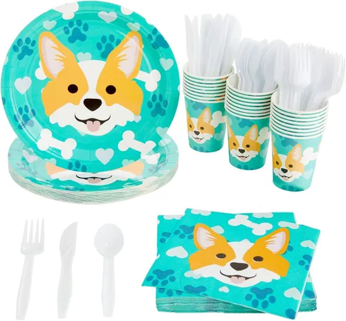 144 piezas Corgi suministros para fiestas, decoraciones de cumpleaños de perro con platos de papel, servilletas, tazas y cubiertos (sirve 24)