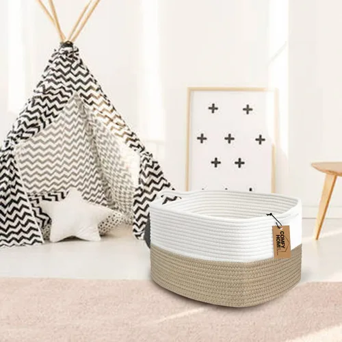 Miniatura 2 de COMFY-HOMI Cesta tejida de cuerda de algodón con asas para estantes, juguetes, libros, cestas de almacenamiento de tela para organizar, organizador