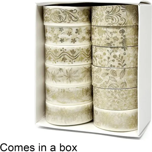 Miniatura 5 de allydrew Elegante caja de cinta washi de lámina dorada para artes y manualidades, álbumes de recortes, papelería, diario (12 rollos), floral dorado
