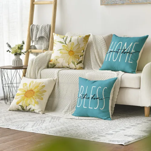 Miniatura 2 de AVOIN colorlife Home Sweet Home - Juego de 4 fundas de almohada amarillas para primavera y verano, 16 x 16 pulgadas, funda de cojín azul para sofá