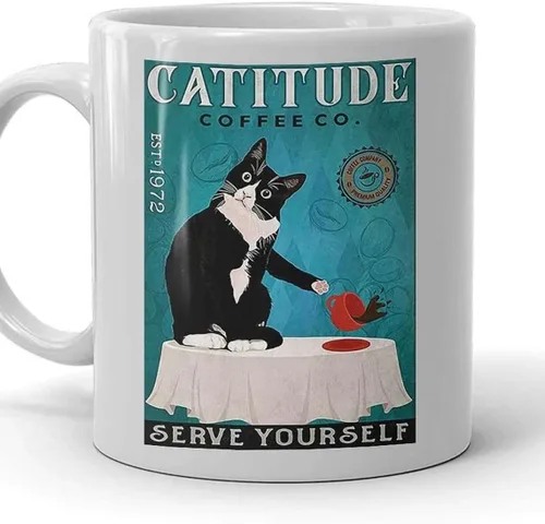 Funny Retro Catitude Coffee Company - Taza de café con texto en inglés "Serve Yourself", taza de café con diseño de gato negro, 11
