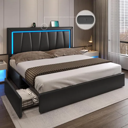 Miniatura 14 de DICTAC Marco de cama tamaño completo con cabecera y 4 cajones de almacenamiento, moderna plataforma de cama tapizada en cuero sintético