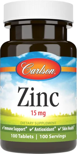 Carlson - Zinc, 15 mg, Suplemento de zinc, gluconato de zinc, apoyo inmunológico y salud de la piel, tabletas de zinc, antioxidante, cápsulas de