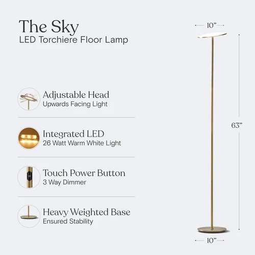 Miniatura 5 de Brightech Lámpara de pie Sky LED, lámpara de pie Torchiere súper brillante para decoración de sala de estar y oficina - lámpara de pie regulable
