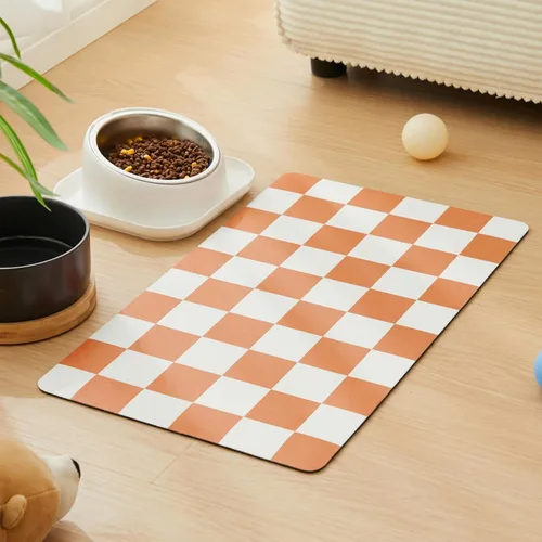 Miniatura 16 de Alfombrilla de alimentación para perros a cuadros, tapetes absorbentes para tazón de comida y agua para perros, dispensador, estética retro beige