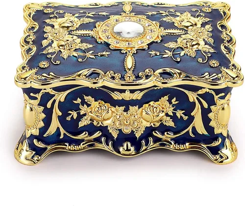Hipiwe Joyero de metal vintage Caja de almacenamiento rectangular de dos capas organizador de baratijas ornamentado caja de tesoros caja de joyería