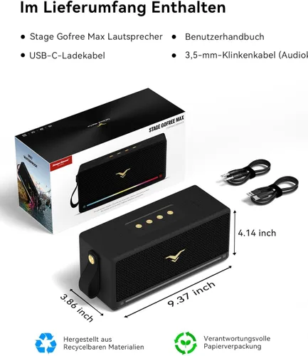 Miniatura 9 de Altavoz Bluetooth, altavoz retro StageSound inalámbrico, altavoz portátil con refuerzo de graves, 80 W, IP67 impermeable, luces LED, emparejamiento