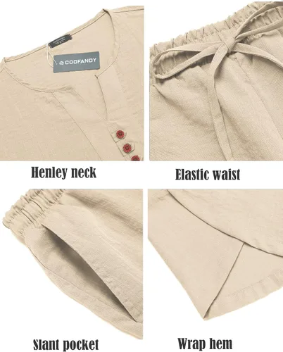 Miniatura 5 de COOFANDY Conjunto de 2 piezas de lino para hombre, camisa Henley de manga corta y pantalones capri harén, pierna ancha, holgados, pantalones de yoga