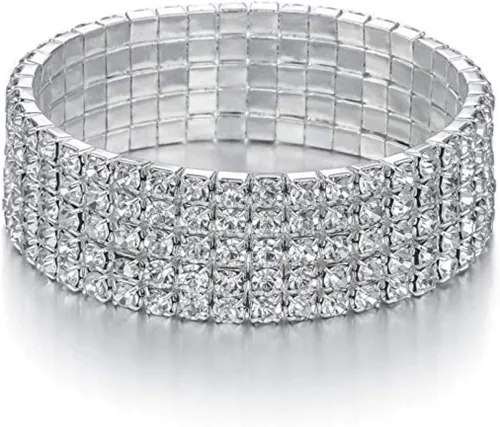 Miniatura 5 de Harlorki Pulsera elástica elástica de 5 filas con diamantes de imitación brillantes para niña, joyería de moda, Plástico, cristal