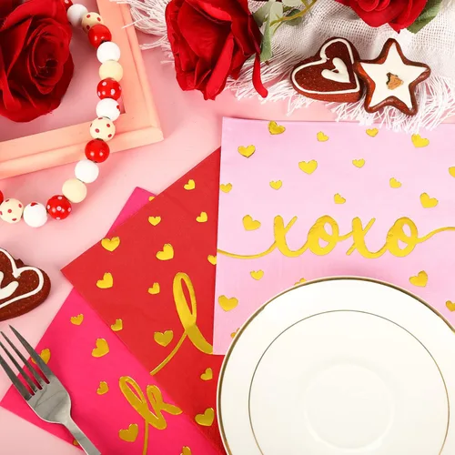 Miniatura 4 de Whaline Paquete de 75 servilletas para el día de San Valentín de 6.5 x 6.5 pulgadas, color rojo, rosa, dorado, servilletas de cena Love XOXO Kisses
