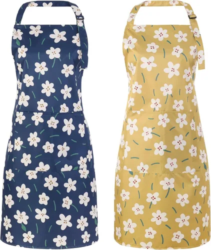 Miniatura 8 de Paquete de 2 delantales florales para mujer con bolsillos, delantal de cocina ajustable para cocinar, hornear, jardinería, manualidades