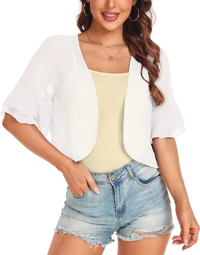Cárdigan tipo bolero para mujer, manga corta, con volantes, parte delantera abierta, holgada, traslúcida, para tops
