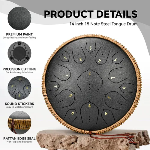 Miniatura 3 de Tambor de Lengua de Acero - 15 Notas Tambor de Acero - Instrumento de Tambor Handpan de 14 Pulgadas con Libro de Música, Mazos para Instrumentos