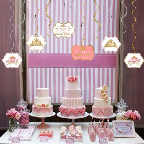 Miniatura 7 de LINGTEER A Little Princess Royal Crown Pink Swirls Streamers – 12 piezas de decoración de fiesta de cumpleaños de princesa para bebé, niña, regalo