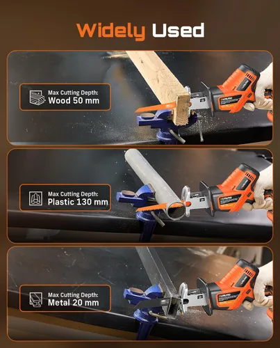 Miniatura 7 de Sierra recíproca inalámbrica con 8 hojas - 2 baterías de 4000 mAh, motor sin escobillas, velocidad variable 0-3200 SPM, cambio de hoja sin Naranja