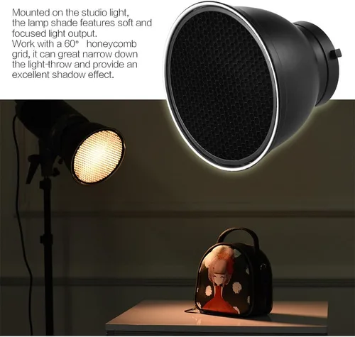 Miniatura 5 de Andoer Lámpara de difusor plano reflector estándar de 7 pulgadas con rejilla de panal de 60° para montaje Bowens para Flash Studio Strobe Speedlite