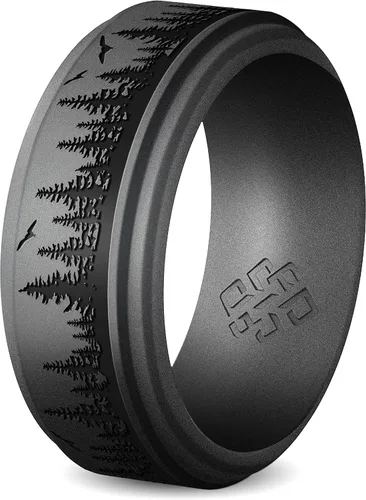 Miniatura 18 de Knot Theory Anillo de silicona para hombre, grabado de montaña, ondas, bosque, ancho de banda de 0.315 pulgadas, transpirable, ajuste cómodo
