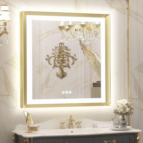 Miniatura 20 de TETOTE Espejo LED dorado para baño, marco de metal de 20 x 28 pulgadas, espejo de tocador iluminado frontal y retroiluminado, barroco, antiniebla