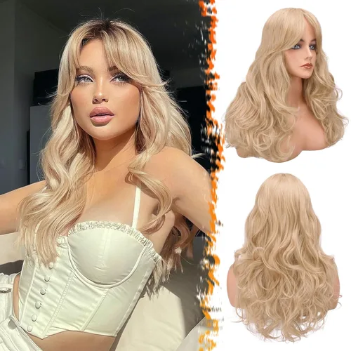 Miniatura 13 de BARSDAR Peluca rubia corta ondulada con flequillo, pelucas cortas onduladas de 14 pulgadas para mujer, pelucas sintéticas suaves hasta el hombro