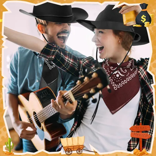 Miniatura 6 de Hillban Paquete de 48 sombreros de vaquero y bandanas, sombreros de vaquero de plástico de fieltro para mujeres y hombres, suministros de fiesta