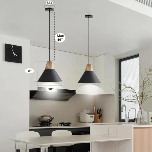 Miniatura 4 de Lámpara colgante, lámpara colgante de techo de madera maciza, moderna iluminación colgante negra mate para cocina, isla, comedor, cafetería, bar