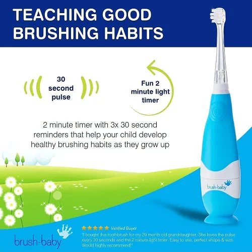 Miniatura 6 de Brush-Baby - Cepillo de dientes eléctrico BabySonic Azul, 0-36 meses - Cepillo suave y suavemente vibrante para encías sensibles y dientes nuevos