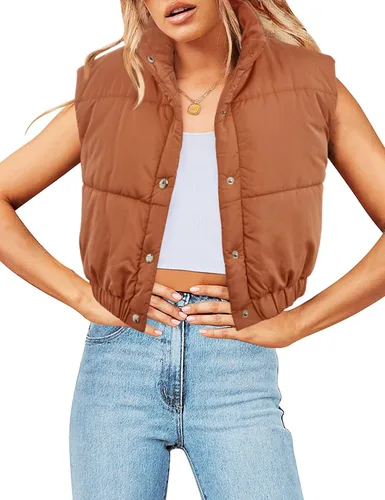 Miniatura 3 de Ybenlow Chaleco acolchado recortado para mujer, cuello alto, con botones, ligero, acolchado, sin mangas, chaqueta de invierno