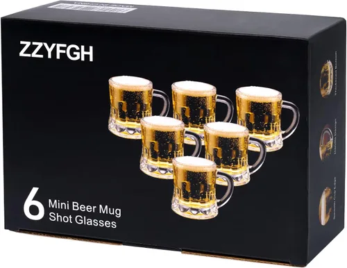 Miniatura 7 de ZZYFGH Paquete de 6 mini vasos de chupito de cerveza con asa, mini tazas de cerveza transparentes de base pesada, 1.8 onzas, tequila, vodka, ideal