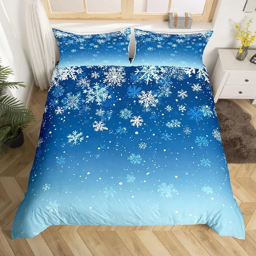 Miniatura 18 de Juego de ropa de cama de 3 piezas con diseño de muñeco de nieve, funda de edredón con temática de invierno, funda de edredón con temática de Feliz