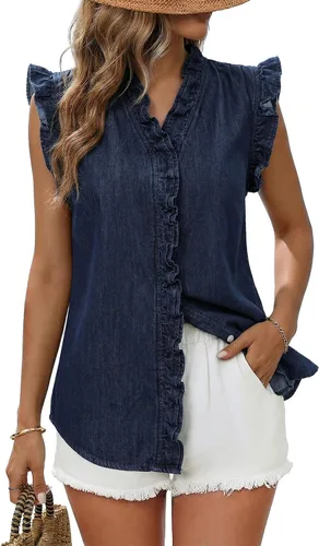 Miniatura 10 de Dokotoo Chaleco de mezclilla para mujer, casual, de verano, con botones, peplum, cuello en V, sin mangas, camisa de mezclilla