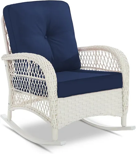 Miniatura 34 de VIVIJASON Mecedora de mimbre para exteriores, silla mecedora de ratán para patio con cojines y marco de acero, muebles de mimbre mecedores