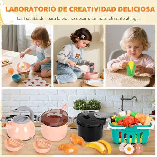 Miniatura 6 de Funpynani - Juego de cocina de 130 piezas para niños pequeños, juego de ollas y sartenes de juguete, utensilios de cocina, alimentos diarios, Rosa