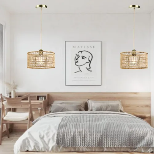 Miniatura 4 de HOONEX Candelabro de ratán, lámparas de techo de ratán, lámpara colgante de mimbre de 12.4 pulgadas para comedor, dormitorio, isla de cocina, natural