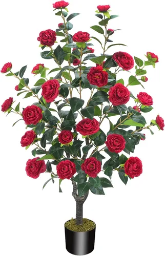 Miniatura 16 de Árbol artificial de 43.3 pulgadas / 3.6 pies con flores de camelia, árbol de otoño falso con 32 flores florecientes, árbol naranja para otoño