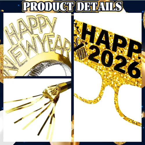 Miniatura 3 de Gemscream 144 piezas de suministros para fiesta de Año Nuevo 2026, incluyen diadema de feliz año nuevo, gafas largas y cortas con flecos