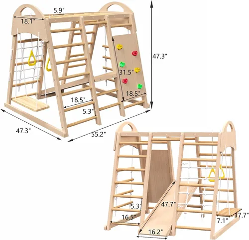 Miniatura 4 de Juego de gimnasio 7 en 1 para interiores, escalador Montessori con tobogán, pared de escalada, escalador de pared de cuerda, barras de mono