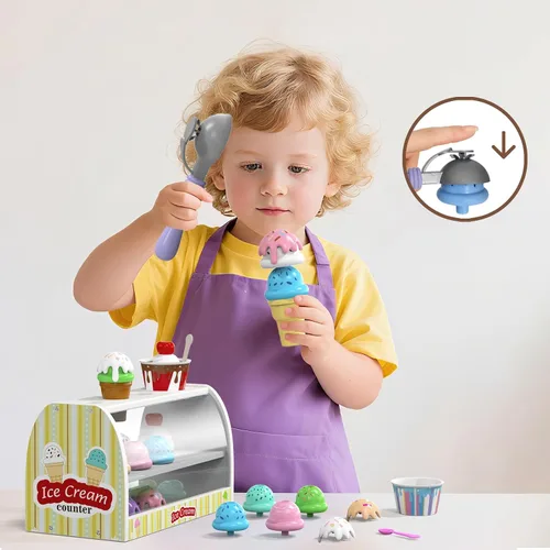 Miniatura 5 de Juego de helado para niños - Juguetes de simulación para niñas de 3 a 4 años Comida para mostrador de helados con delantal, cuchara, menú, dinero