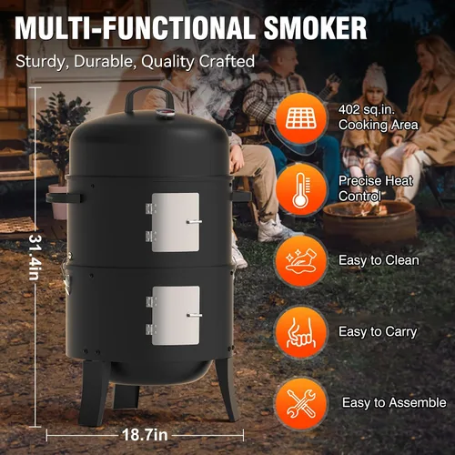 Miniatura 2 de Ahumador de carbón de 16", Parrilla de barbacoa vertical resistente 3 en 1, Fogata al aire libre con área de cocción de 402 pulgadas cuadradas