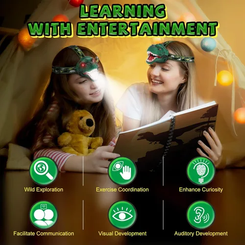 Miniatura 6 de Nitigo Linterna Frontal de Dinosaurio para Niños Linterna Paquete de 2, Linternas Frontales LED Recargables Modo Rugido y Silencioso, Juguetes