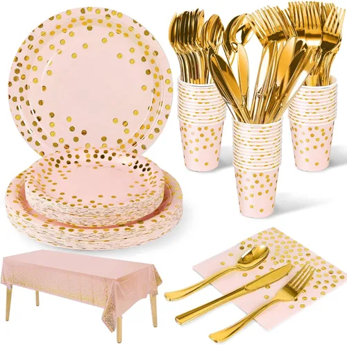 Nkaiso 141 piezas de suministros de fiesta de oro rosa, los juegos de vajilla de fiesta incluyen platos de papel, servilletas, tazas y cubiertos,