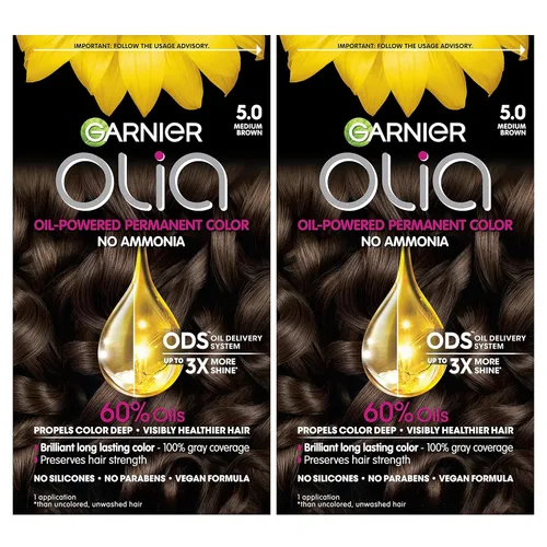 Garnier Olia Tinte para el cabello permanente rico en aceite de color brillante sin amoníaco, 5.0 marrón medio (paquete de 2) tinte para el cabello