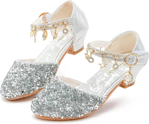 Furdeour Girls Sandals Glittler Bow Dress Shoes Princess Crystal High Heels Party Wedding Flower Girls Shoes for Kid Toddler