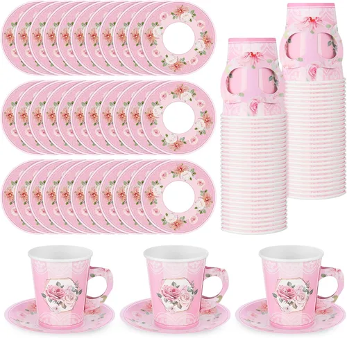 Miniatura 8 de Zopeal 100 piezas desechables para decoración de fiesta de té, taza de papel floral de 9 onzas con asa y platillo para el día de la madre, boda