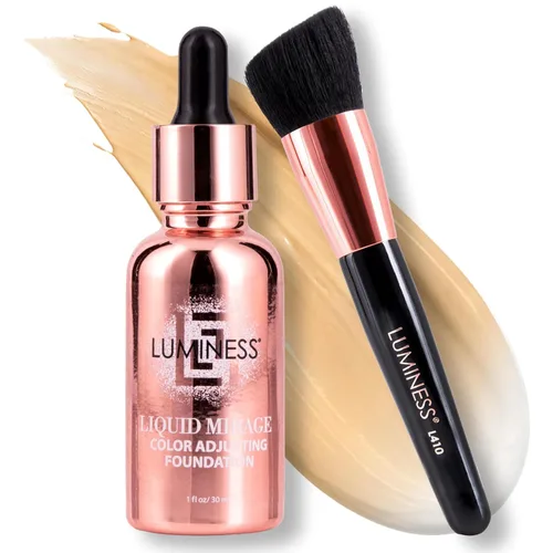 LUMINESS Liquid Mirage - Kit de base de maquillaje con ajuste de color SPF 50, base que cambia de color, base SPF 50 y brocha de maquillaje, 3