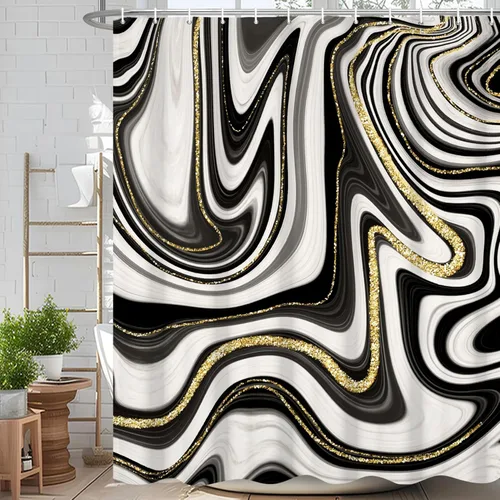 Miniatura 44 de Cortina de ducha abstracta de mármol negro gris y dorado con grietas, cortina de baño moderna ombre impresa, cortina impermeable y lavable de tela