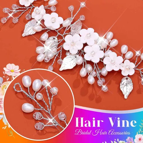 Miniatura 8 de Unicra Tocado de novia con perlas de vid y flores, piezas de pelo de boda, accesorios de cabello de graduación plateadas para novias y mujeres