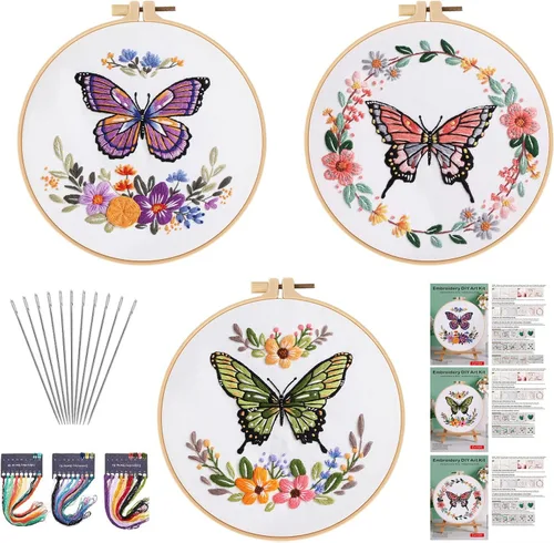 Miniatura 18 de Kit de bordado para principiantes, kits de punto de cruz para adultos, manualidades, 3 piezas, patrón de bordado, hilo de bordado de tela y agujas
