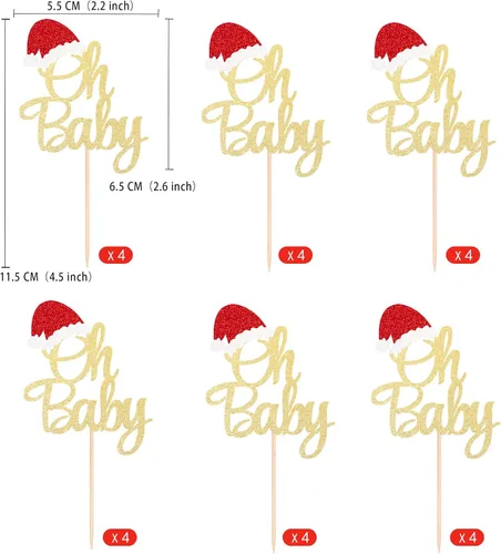 Miniatura 2 de Gexolenu 24 piezas de adornos de Navidad para cupcakes Oh Baby, con purpurina de doble cara, para sombrero de Papá Noel rojo para Navidad, baby